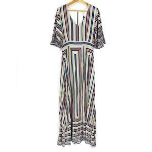 Cotton Bleu Multi Flutter Sleeve Striped Scarf Print V-neck Keyhole Maxi Dress S